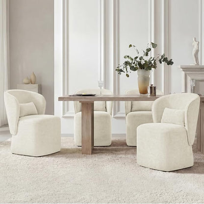 KISLOT Upholstered Dining Chairs with Wheels, Easy Assembly Stain Resistant Fabric Modern Barrel Armchair with Lumbar Cushion, Dining Room Chairs for Kitchen Living Room Bedroom, Beige, Set of 2