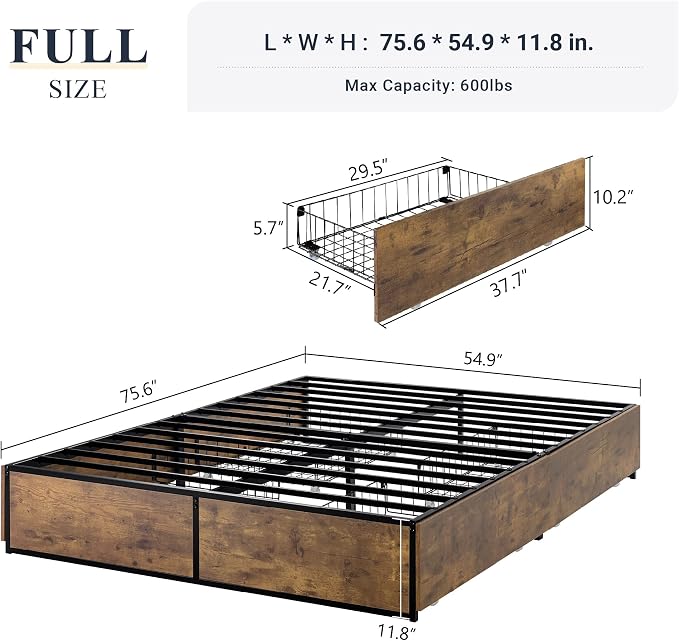 Allewie Industrial Storage Bed with Drawers, Wooden Metal Platform, Sturdy & Noise-Free, Modern Full Size for Bedroom & Apartment