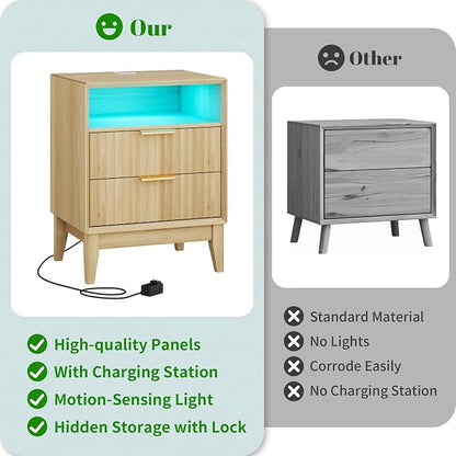 LVSOMT 20'W Fluted Nightstand Set of 2, Night Stand with Charging Station and LED Lights, RFID Lock Hidden Drawer, Mid Century Morden Bedside Table for Bedroom, Open Storage Cubby, Natural Oak