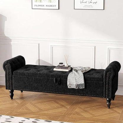Furniliving 63” End of Bed Storage Bench, Bedroom Bench with Button-Tufted, Upholstered Storage Ottoman Benches Window Bench with Storage, Chenille Bench for Living Room, Entryway, Black