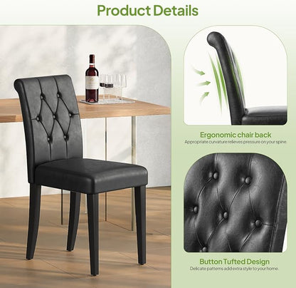 Welzona Upholstered Dining Chairs Set of 2, Button Tufted Parsons Dining Chair with Solid Wood Legs, Modern PU Leather Side Chair for Dining Room/Kitchen/Restaurant/Hotel- Black