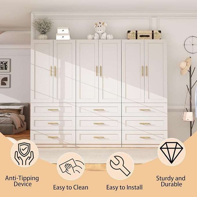 White Wardrobe with 6 Doors: 75" Tall Armoire Wardrobe Closet with 9 Drawers, Bedroom Closet Cabinet for Hanging Clothes, Wooden Storage Armoire with Shelves (Modern, 3)