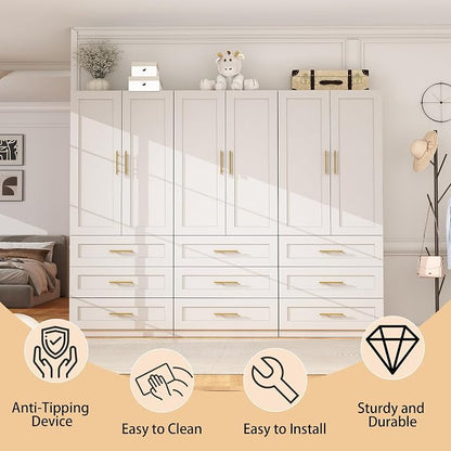 White Wardrobe with 6 Doors: 75" Tall Armoire Wardrobe Closet with 9 Drawers, Bedroom Closet Cabinet for Hanging Clothes, Wooden Storage Armoire with Shelves (Modern, 3)