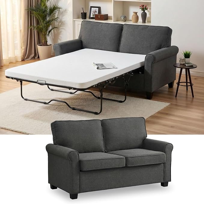 57 inches Loveseat Sleeper Sofa, 2-in-1 Pull-Out Couch Bed with High-Density Sponge Mattress for Small Apartment, Living Room, Guest Room,Grey