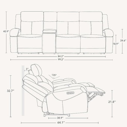 Watson & Whitely Genuine Leather Power Recliner Sofa, 3 Seater Wall Hugger Reclining Sofas with Storage Console, Power Headrest, USB, Electric Recliner Couch Set for Living Room, Navy Blue