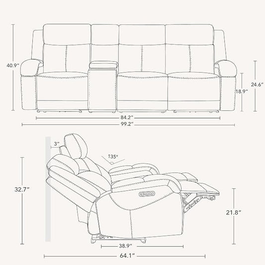 Watson & Whitely Genuine Leather Power Recliner Sofa, 3 Seater Wall Hugger Reclining Sofas with Storage Console, Power Headrest, USB, Electric Recliner Couch Set for Living Room, Black