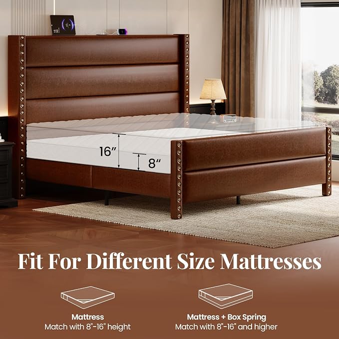 King Size Bed Frame with Storage Shelf & Charging Station, 55" Tall Headboard & 25.6" Footboard, Faux Leather Upholstered Platform Bed with Big Rivets Wingback, Heavy Duty & Noise-Free, Brown
