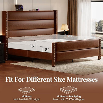 King Size Bed Frame with Storage Shelf & Charging Station, 55" Tall Headboard & 25.6" Footboard, Faux Leather Upholstered Platform Bed with Big Rivets Wingback, Heavy Duty & Noise-Free, Brown