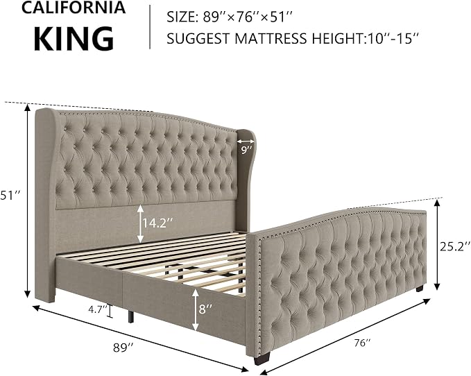 AMERLIFE California King Size Platform Bed Frame, Linen Upholstered Bed with Deep Button Tufted & Nailhead Trim Wingback Headboard/No Box Spring Needed, Beige