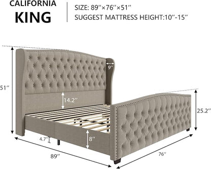 AMERLIFE California King Size Platform Bed Frame, Linen Upholstered Bed with Deep Button Tufted & Nailhead Trim Wingback Headboard/No Box Spring Needed, Beige