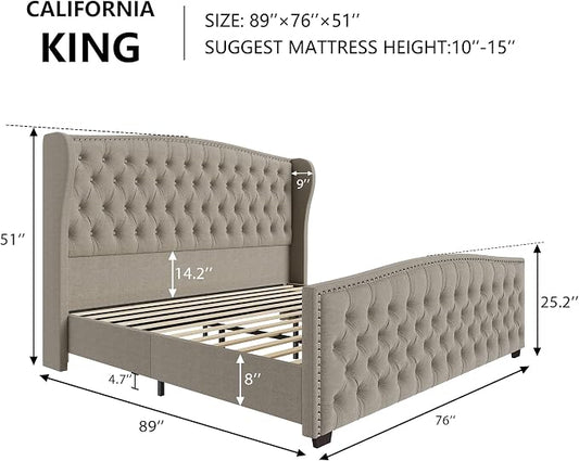 AMERLIFE California King Size Platform Bed Frame, Linen Upholstered Bed with Deep Button Tufted & Nailhead Trim Wingback Headboard/No Box Spring Needed, Beige
