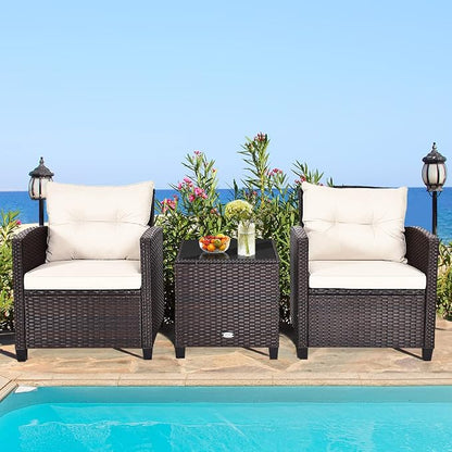 COSTWAY 3PCS Patio Furniture Set, PE Rattan Wicker Sofa w/Washable Cushion and Coffee Table, Tempered Glass Tabletop, Outdoor Conversation Set for Balcony, Porch, Yard, Backyard, Lawn, White