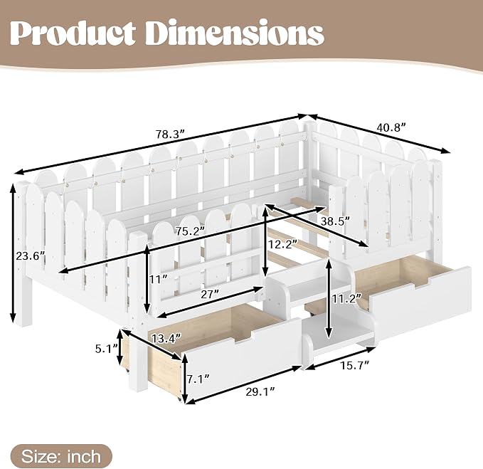 Bellemave Twin Kids Montessori Bed with Stairs, Bookshelf and LED Lights, Solid Wood Kids Bed Frame with Storage Drawers for Boys Girls, Low Profile,White