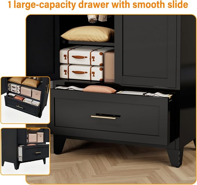 60" Matte Black Metal Storage Cabinet with 2 Doors, Drawer, Interior Rail and Adjustable Shelf, Freestanding Utility Cabinet for Office, Laundry Room, Entryway, Garage and Home Storage