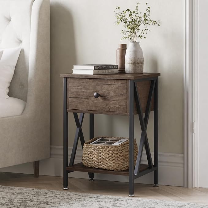 VECELO Nightstands Set of 2, Modern Bedside End Tables, Night Stands with Drawer and Storage Shelf for Living Room Bedroom, Industrial Metal Frame