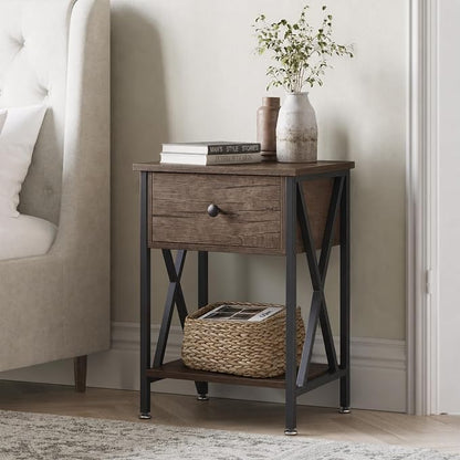 VECELO Nightstands Set of 2, Modern Bedside End Tables, Night Stands with Drawer and Storage Shelf for Living Room Bedroom, Industrial Metal Frame