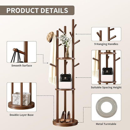 Solid Wood Rotary Coat Rack, Coat Rack Freestanding with 3 Storage Shelves & 9 hooks, Coat Tree for Entryway, Livingroom, Bedroom, Coat Hanger Stand for Coats, Scarves, Handbags, Hat (Walnut)