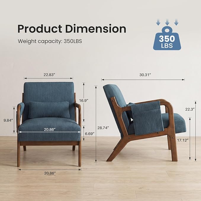 DUMOS Mid Century Modern Accent Chair, Upholstered Armchair with Lumbar Pillow and Solid Wood Frame, Comfy Reading Chair for Small Living Room, Bedroom, Guest Room, Navy Blue