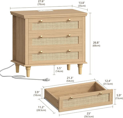 Keehusux 27.6" W Rattan Nightstand with 3 Drawers, Large Night Stand with Charging Station, Boho Bedside Table with Round Handles, Wooden End Table for Bedroom, Natural Oak