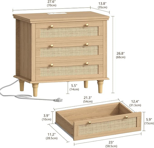 Keehusux 27.6" W Rattan Nightstand with 3 Drawers, Large Night Stand with Charging Station, Boho Bedside Table with Round Handles, Wooden End Table for Bedroom, Natural Oak