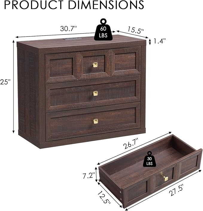 3 Piece Bedroom Set - Includes 6 Drawer Dresser and 3 Drawer King Size Nightstands Set of 2 with Charging Station, 3 Piece Farmhouse Dresser and Nightstand Sets,Brown
