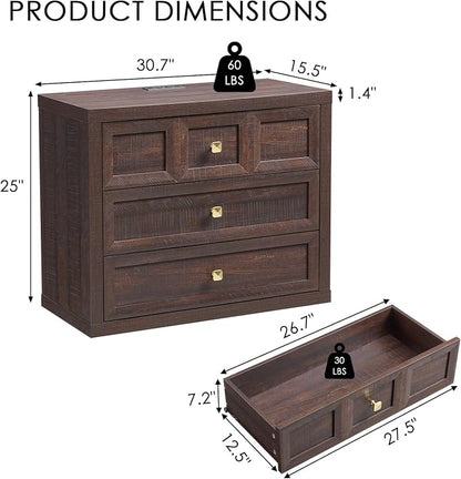 3 Piece Bedroom Set - Includes 6 Drawer Dresser and 3 Drawer King Size Nightstands Set of 2 with Charging Station, 3 Piece Farmhouse Dresser and Nightstand Sets,Brown