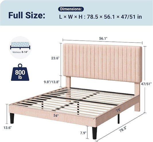 Allewie Full Bed Frame, Upholstered Platform Bed with Adjustable Vertical Channel Tufted Headboard, Mattress Foundation with Strong Wooden Slats, Box Spring Optional, Easy Assembly, Chenille Pink