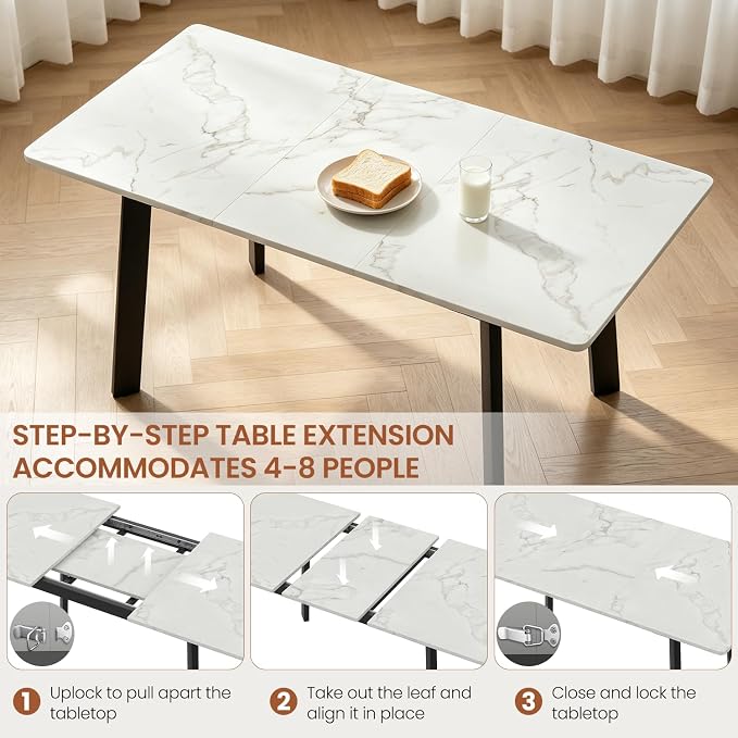 47.2"-63" Extendable Dining Room Table Set for 4-8 People, White | Removable Extension Leaf, Durable MDF Rectangle Tabletop, 6 Beige Sleek Faux Leather Chairs, Heavy Duty Modern Kitchen Table