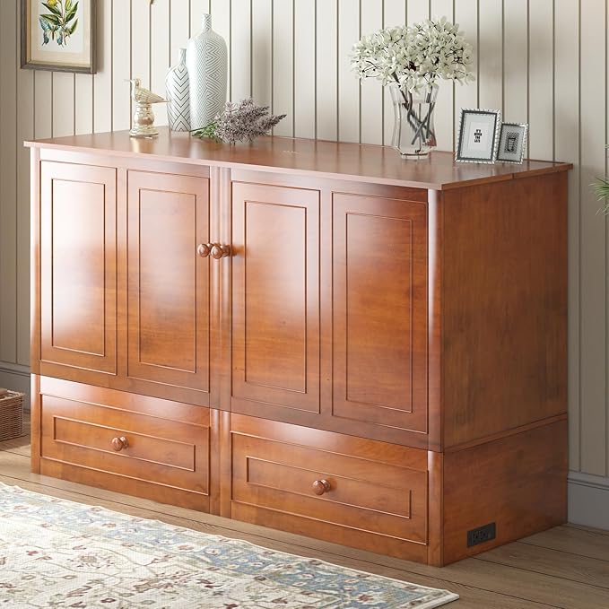Mjkone 63.5" W Murphy Bed Cabinet Queen Size, Modern Cabinet Bed with USB Charging Station & Drawers, Murphy Beds for Living Room Apartment, Easily Convertible, Cherry