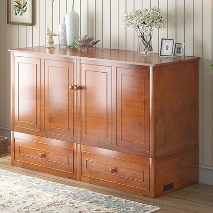 Mjkone 63.5" W Murphy Bed Cabinet Queen Size, Modern Cabinet Bed with USB Charging Station & Drawers, Murphy Beds for Living Room Apartment, Easily Convertible, Cherry