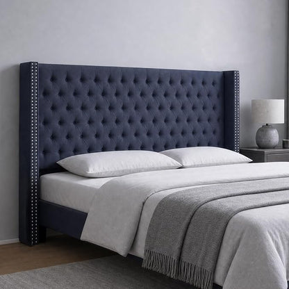 Madison Park Queen Wingback Upholstered Tufted Headboard, Featuring High-Density Sponge Padding, Adjustable Height Headboard, Easy Assembly, Navy