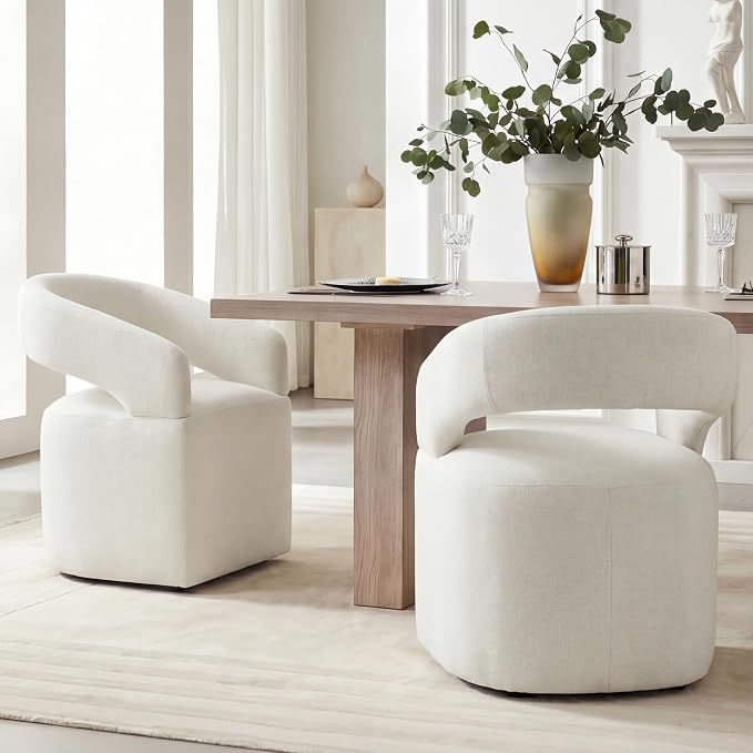 KISLOT Upholstered Dining Chairs Set of 4, Modern Arm Kitchen & Dining Room Chairs with Hidden Casters, Linen Fabric Padded Rolling Chairs, Sturdy Wood Frame, 300 lbs Capacity, Ivory White