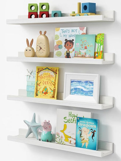 Forbena 24" Floating Nursery Book Shelves for Wall Set of 4 | Solid Wood | Lip Desigh | Wall Bookshelf for Kids Room Toddler Bedroom