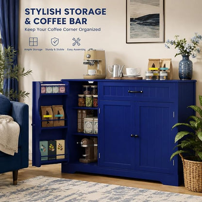 Gizoon Kitchen Sideboard Buffet Cabinet with Storage Small Coffee Bar Cabinet with Drawer, Kitchen Pantry Storage Cabinet with Door and Shelves for Bathroom and Living Room, Painted Navy Blue