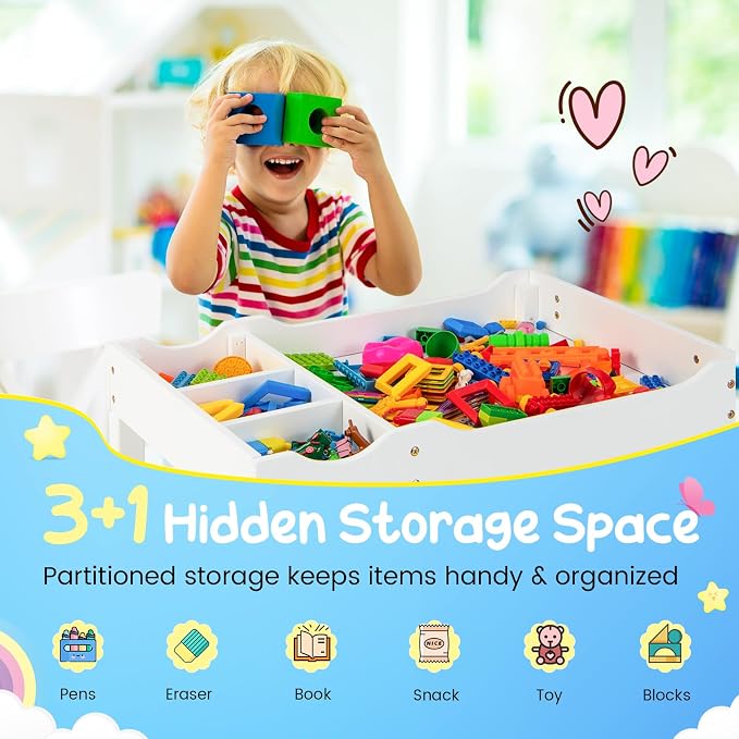HONEY JOY Kids Table, 2 in 1 Toddler Wooden Activity Table with Paper Roll, Convertible Building Block Tabletop, 3 Storage Compartments, Children Furniture Set for Daycare, Playroom, White