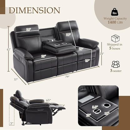 Power Reclining Sofa with Fold Down Table, Breathable Leather Electric Reclining Couch, Power Loveseat Recliner Sofa with Cup Holders/Outlets/USB-C/A Ports for Living Room (Black, 3 Seat)