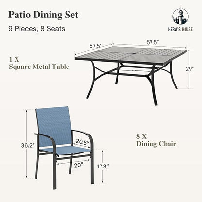 HERA'S HOUSE 9 Pieces Patio Dining Sets, Outdoor Table and Chairs Set of 8, 8 x Blue Textilene Dining Chair, 57.5" Square Metal Dining Table with 1.57" Umbrella Hole for Lawn Garden Backyard Deck
