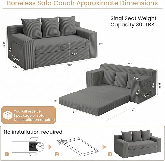 Boneless Couch Sofa Bed, 70'' Convertible Tri-Folding Futon Sleeper with Handle & Side Pockets, Pull Out Couch Bed with Hook and Loop No Assembly for Small Space,Living Room & Bedroom