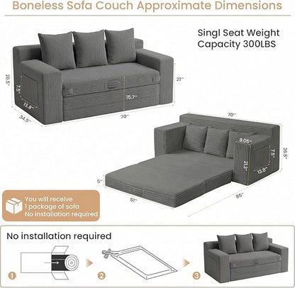 Boneless Couch Sofa Bed, 70'' Convertible Tri-Folding Futon Sleeper with Handle & Side Pockets, Pull Out Couch Bed with Hook and Loop No Assembly for Small Space,Living Room & Bedroom