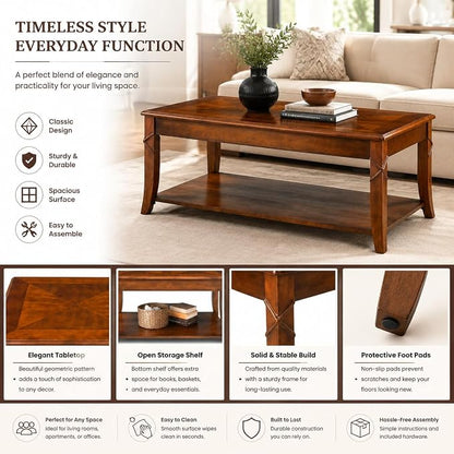 Solid Wood Coffee Table with Storage Shelf, Mid Century Modern Rectangle Coffee Table for Living Room, Large Countertop Center Table, Cherry Walnut KFZ-DR200