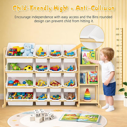 Kids Toy Storage Organizer with Bookshelf – Wooden Shelf with 16 Bins & 3 Shelves, Quick Assembly Storage Rack for Playroom, Bedroom, Nursery - White