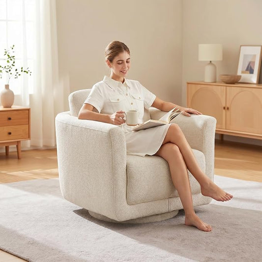 Swivel Accent Chair, 360° Barrel Chair with Solid Wood Frame & Removable Ergonomic Support Back Cushion, Fully Assembled Chenille Armchair for Living Room & Bedroom, Linen