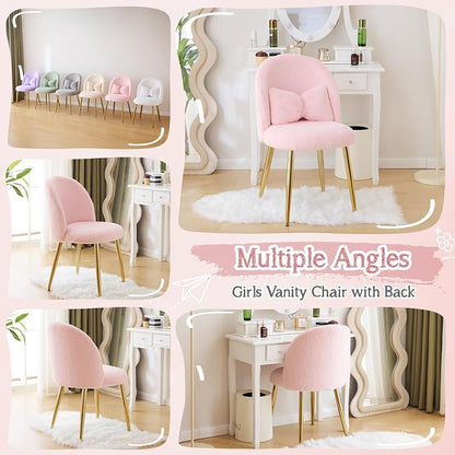 VINGLI Fluffy Girls Vanity Chair with Back & Pillow,Cute Small Cozy Desk Chair No Wheels,Comfy Makeup Ch with Ajustable Gold Legs,for Bedroom,Living Room,Small Space,Pink
