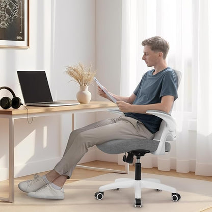 NEO CHAIR Office Desk Gaming Chair Computer High Back Mesh Seat with Rolling Wheels Ergonomic Adjustable Comfy Flip-up Armrests Lumbar Support Height for Home (Grey White Frame)