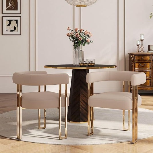 Hyfirm Velvet Dining Chairs Set of 2, Khaki Upholstered Barrel Armchairs with Gold Metal Legs for Kitchen Island, Mid Century Modern Accent Side Chairs for Dining Room and Living Room, Open-Back