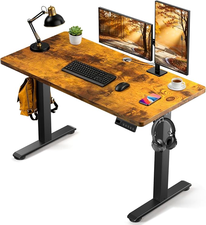 Standing Desk, 48 x 24 inches Electric Height Adjustable Desk, Sit Stand up Desk, Memory Computer Home Office Gaming Desk with 3 Preset Heights, Wood Table Cable Management Box, Brown