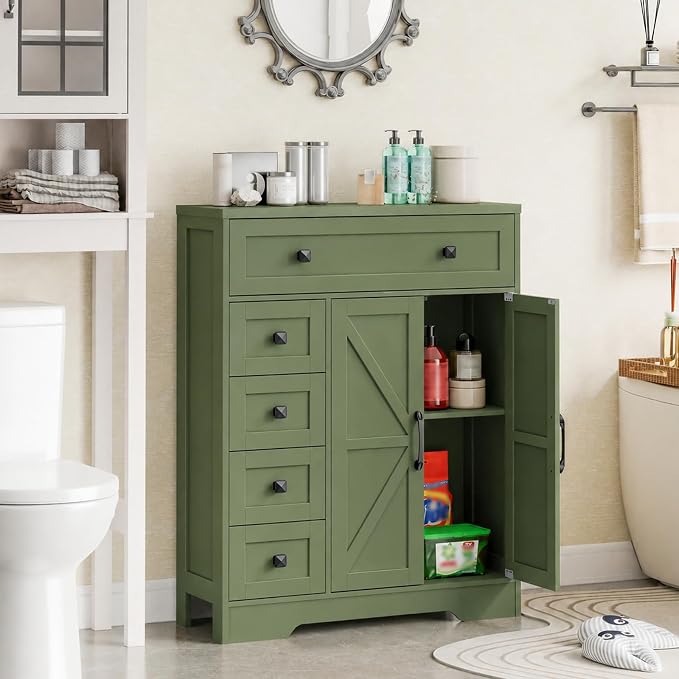 Vabches Farmhouse Storage Cabinet with 2 Doors and 5 Drawers, Freestanding Bathroom Cabinets Kitchen Pantry, Floor Storage Cabinet Hutch Cupboard for Living Room/Bathroom/Kitchen. Green