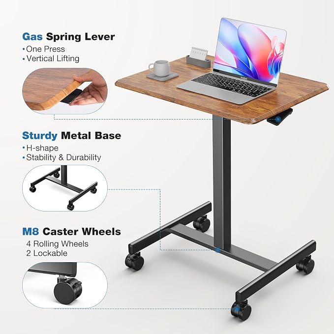 OLIXIS Mobile Standing Desk with Wheels Small Rolling Laptop Desks Portable Pneumatic Adjustable Height Sit Stand Table Computer Workstation for Home Office Rustic Brown