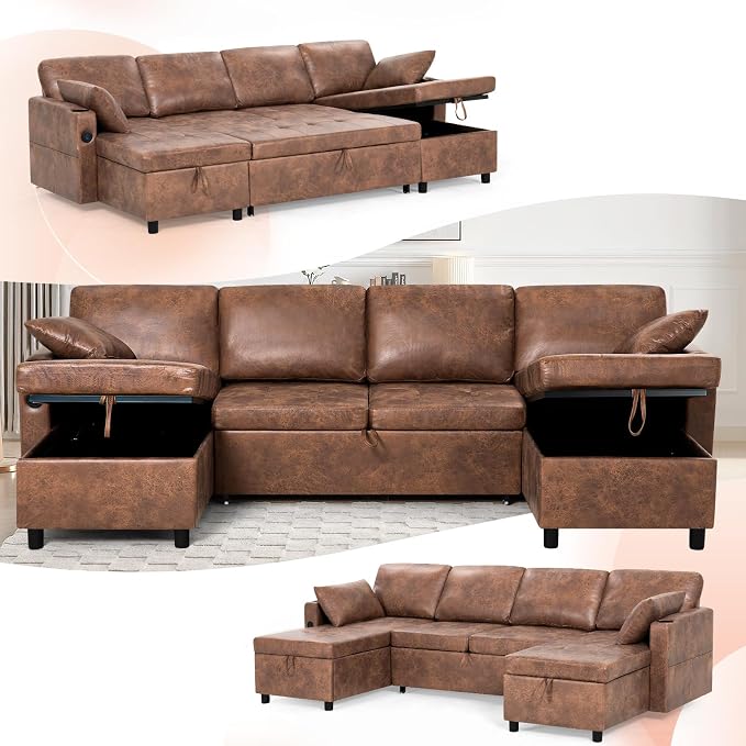110 inches Suede Leather Sleeper Sofa w/Pull Out Bed, U-Shape Sectional Sofa Bed w/Adjustable Backrest and Storage Chaises, 4-Seats Upholstered Sofa Bed w/USB Port for Living Room, Brown