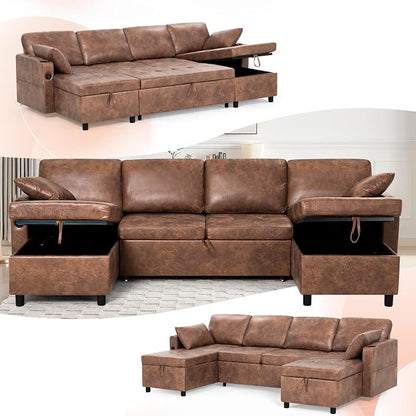 110 inches Suede Leather Sleeper Sofa w/Pull Out Bed, U-Shape Sectional Sofa Bed w/Adjustable Backrest and Storage Chaises, 4-Seats Upholstered Sofa Bed w/USB Port for Living Room, Brown
